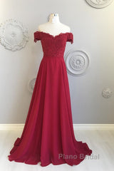 Off The Shoulder Floor Length Burgundy Lace Formal Prom Dresses, Burgundy Off Shoulder Lace Bridesmaid Dresses