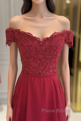Off The Shoulder Floor Length Burgundy Lace Formal Prom Dresses, Burgundy Off Shoulder Lace Bridesmaid Dresses