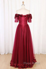Off The Shoulder Flowers Burgundy Tulle Long Formal Prom Dresses