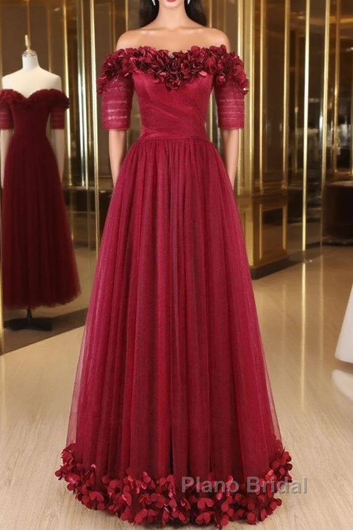 Off The Shoulder Flowers Burgundy Tulle Long Formal Prom Dresses Main image