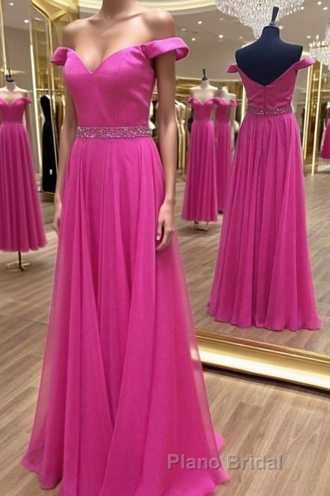 Off the Shoulder Fuchsia Long Formal Prom Dresses with Belt, Off Shoulder Fuchsia Formal Evening Dresses Main image