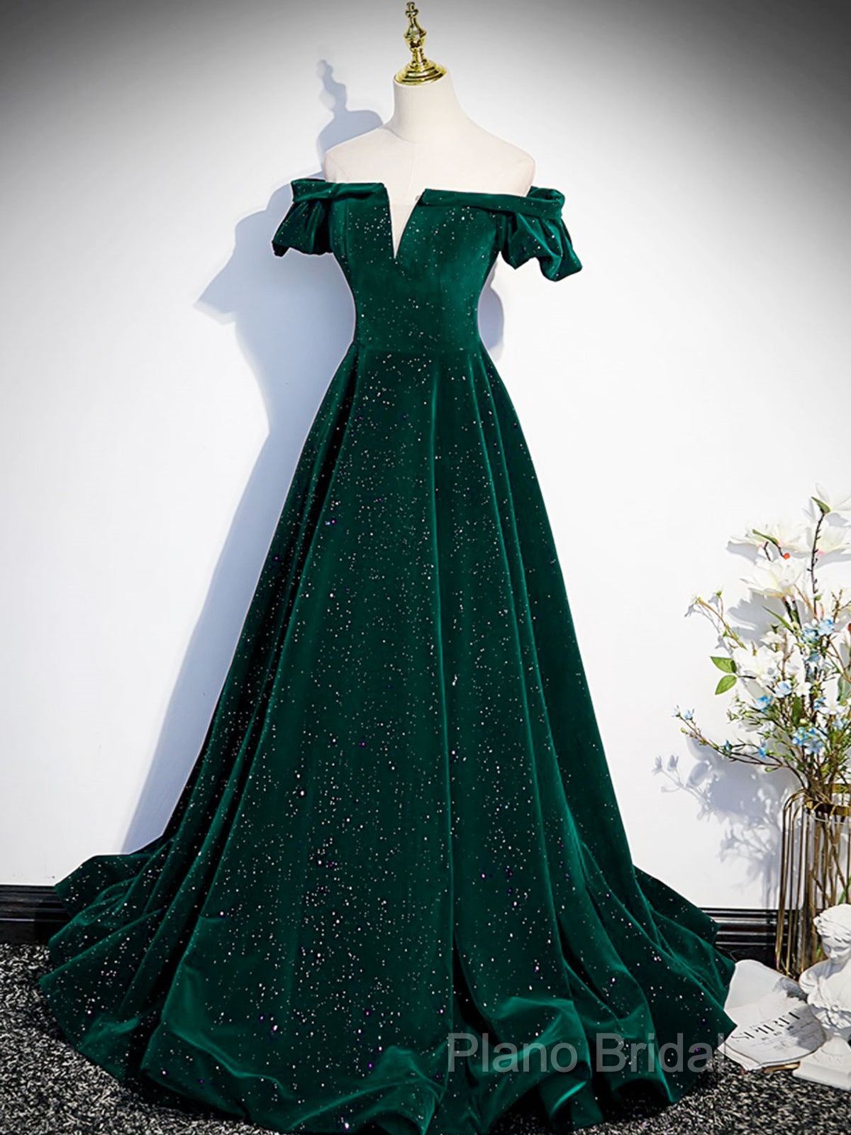 Off The Shoulder Green Black Long Formal Prom Dresses, Off Shoulder Green Black Formal Dresses