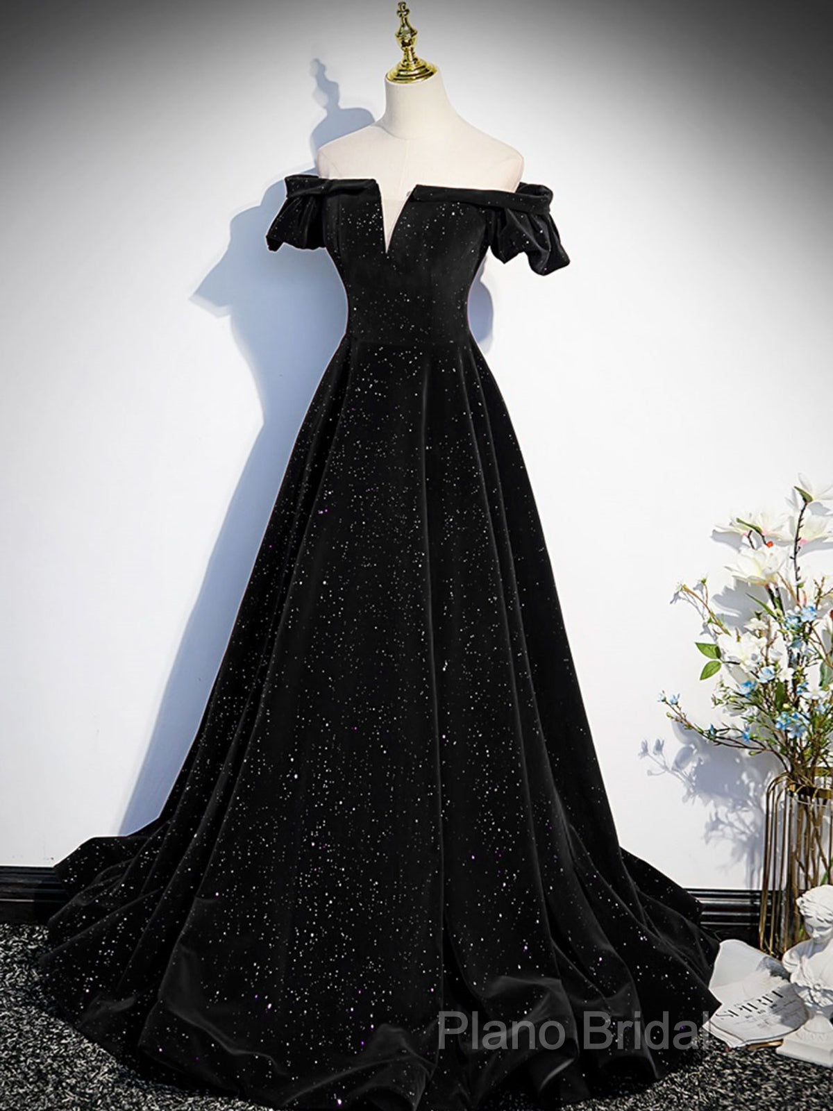 Off The Shoulder Green Black Long Formal Prom Dresses, Off Shoulder Green Black Formal Dresses