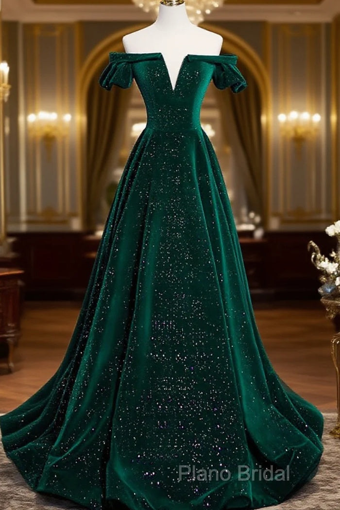 Off The Shoulder Green Black Long Formal Prom Dresses, Off Shoulder Green Black Formal Dresses Main image