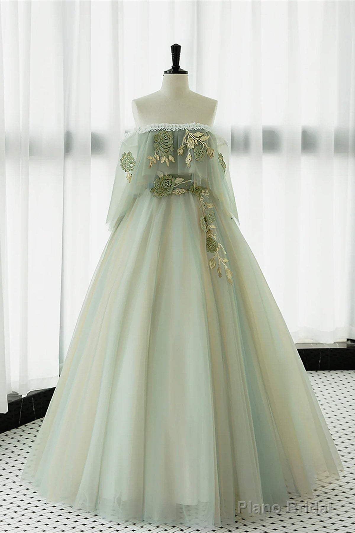 Off the Shoulder Green Lace Floral Prom Dresses, Green Tulle Floral Long Formal Evening Dresses Main image