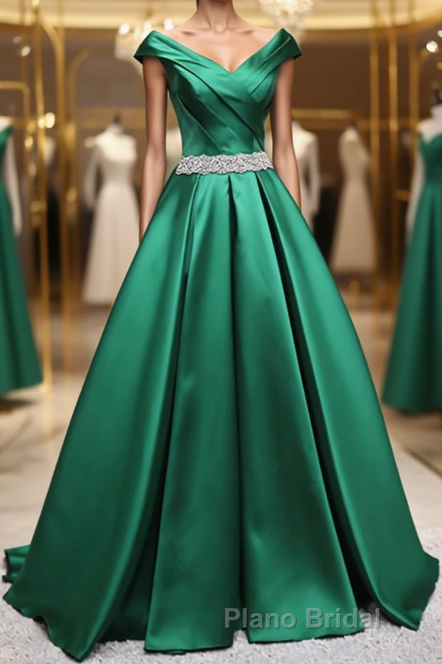 Off the Shoulder Green Long Formal Prom Dress with Corset Back, Off Shoulder Long Green Formal Evening Dresses