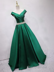 Off the Shoulder Green Long Formal Prom Dress with Corset Back, Off Shoulder Long Green Formal Evening Dresses