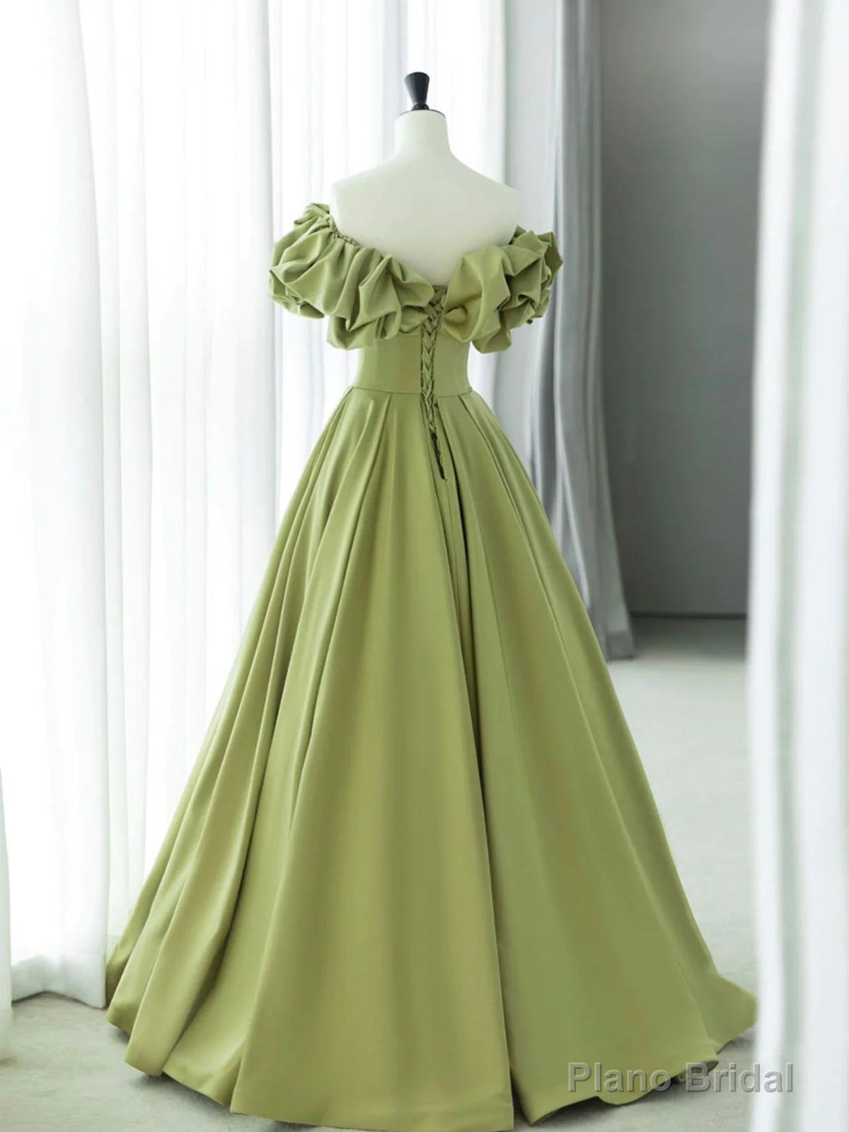 Off the Shoulder Green Satin Long Prom Dresses, Green Satin Long Formal Evening Dresses Secondary image