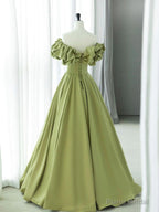 Off the Shoulder Green Satin Long Prom Dresses, Green Satin Long Formal Evening Dresses