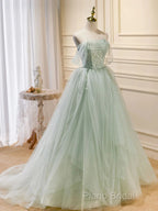 Off The Shoulder Green Tulle Long Formal Prom Dresses