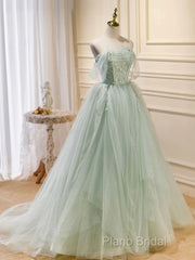 Off The Shoulder Green Tulle Long Formal Prom Dresses
