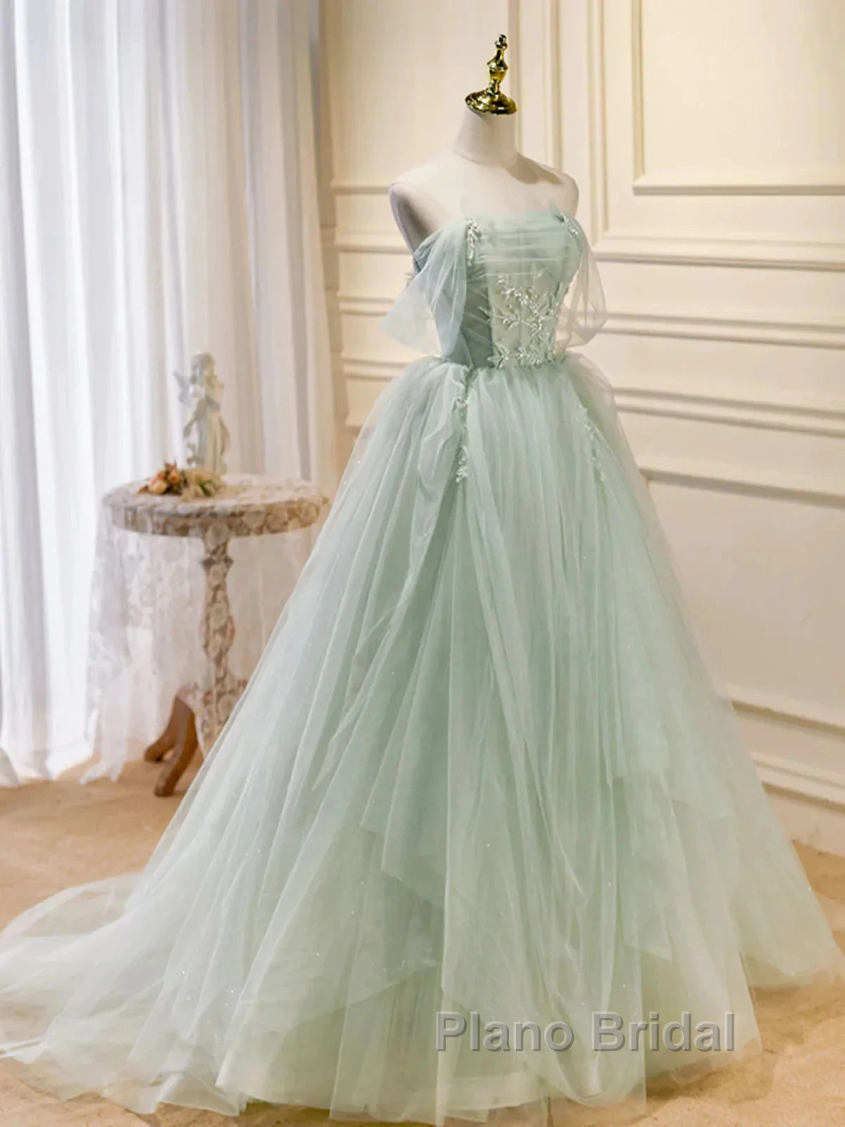 Off The Shoulder Green Tulle Long Formal Prom Dresses, Green Long Formal Evening Dresses Secondary image