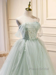 Off The Shoulder Green Tulle Long Formal Prom Dresses, Green Long Formal Evening Dresses