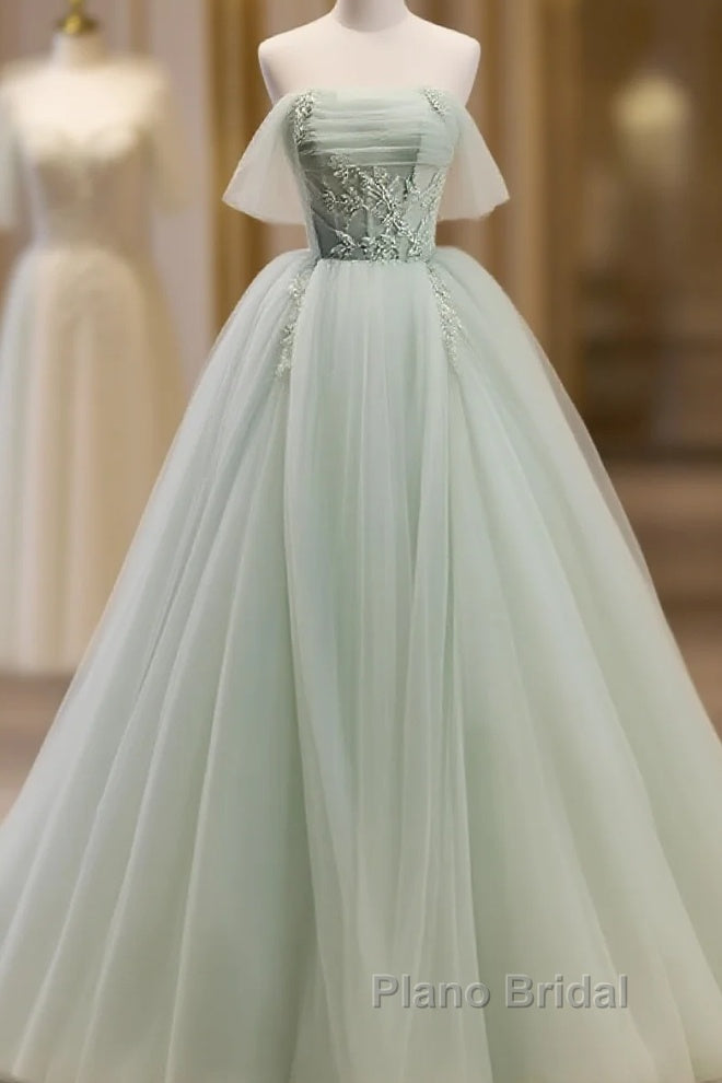 Off The Shoulder Green Tulle Long Formal Prom Dresses, Green Long Formal Evening Dresses Main image