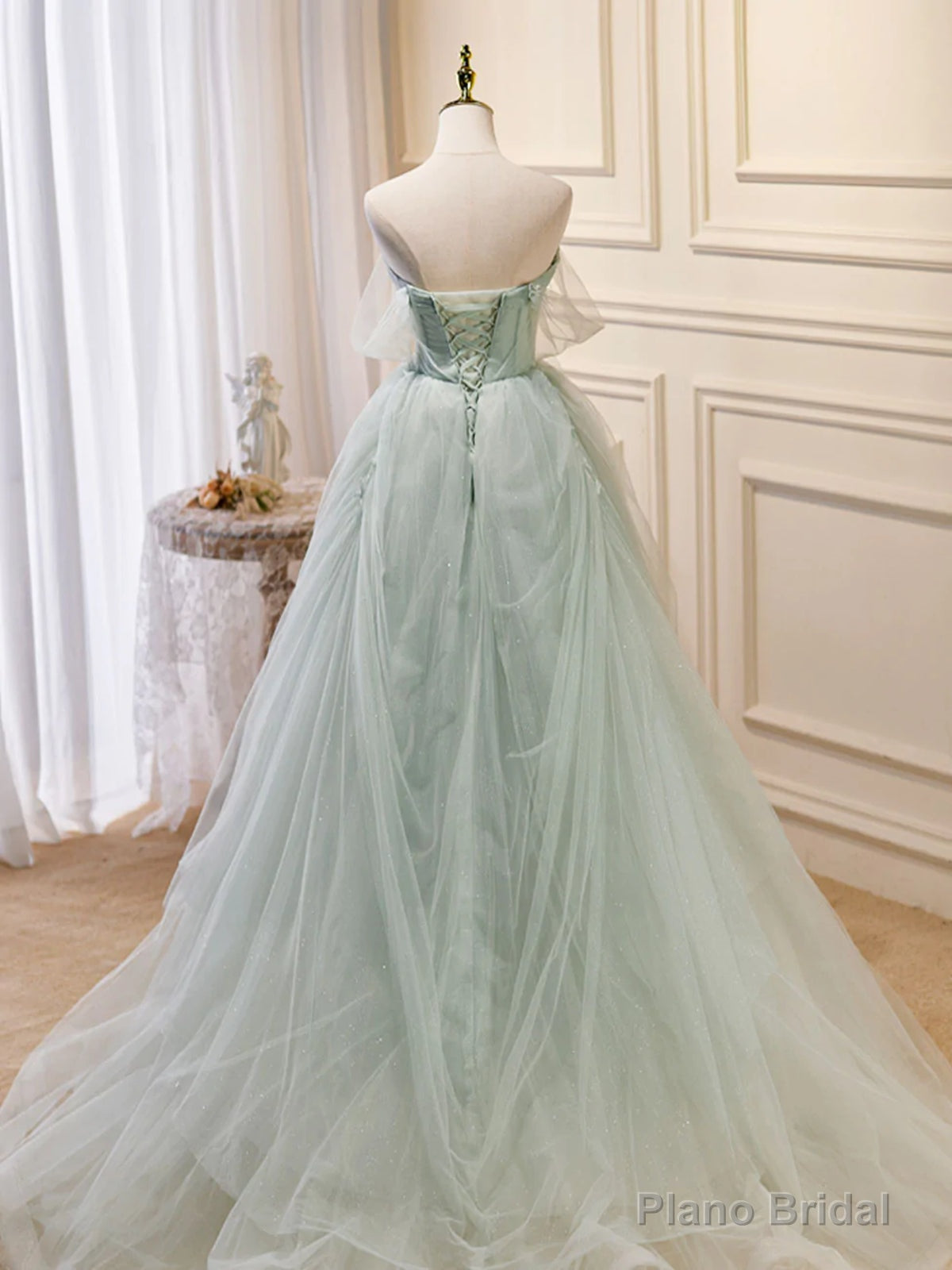 Off the Shoulder Green Tulle Long Prom Dresses, Green Off Shoulder Long Formal Evening Dresses Secondary image