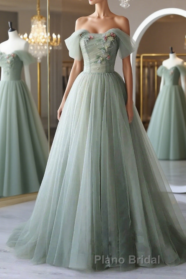 Off the Shoulder Green Tulle Long Formal Prom Dresses, Green Tulle Off Shoulder Formal Evening Dresses Main image