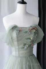 Off the Shoulder Green Tulle Long Formal Prom Dresses, Green Tulle Off Shoulder Formal Evening Dresses