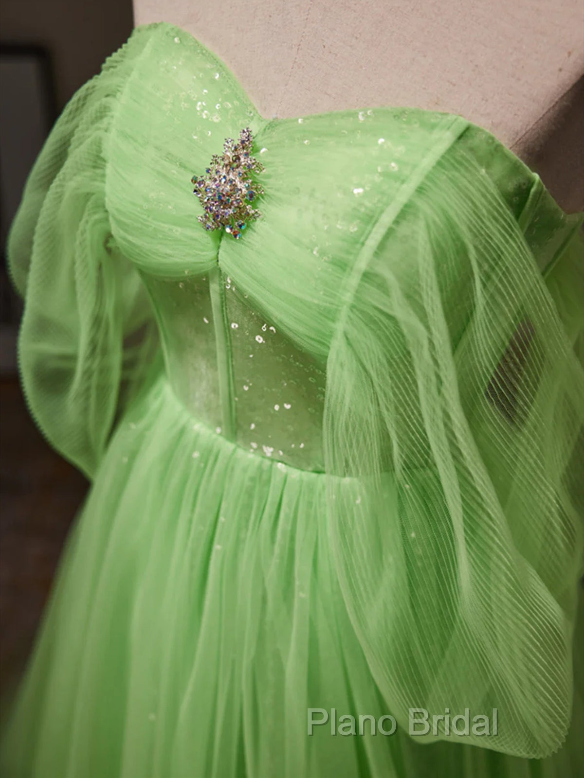 Off The Shoulder Green Tulle Long Formal Prom Dresses, Off Shoulder Green Long Formal Graduation Dresses Secondary image