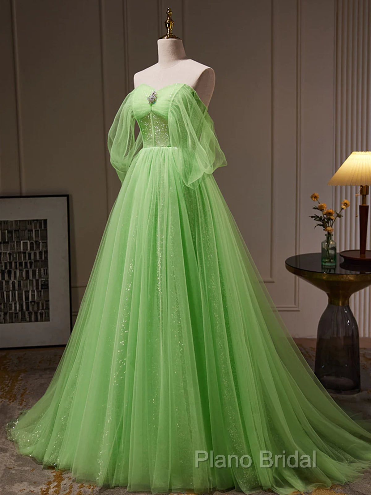 Off The Shoulder Green Tulle Long Formal Prom Dresses, Off Shoulder Green Long Formal Graduation Dresses