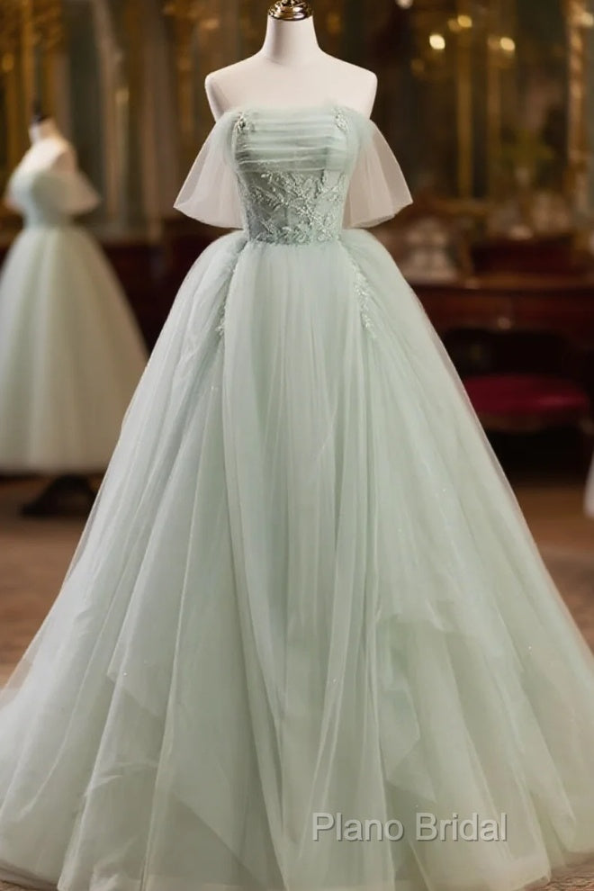 Off The Shoulder Green Tulle Long Formal Prom Dresses