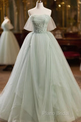 Off The Shoulder Green Tulle Long Formal Prom Dresses