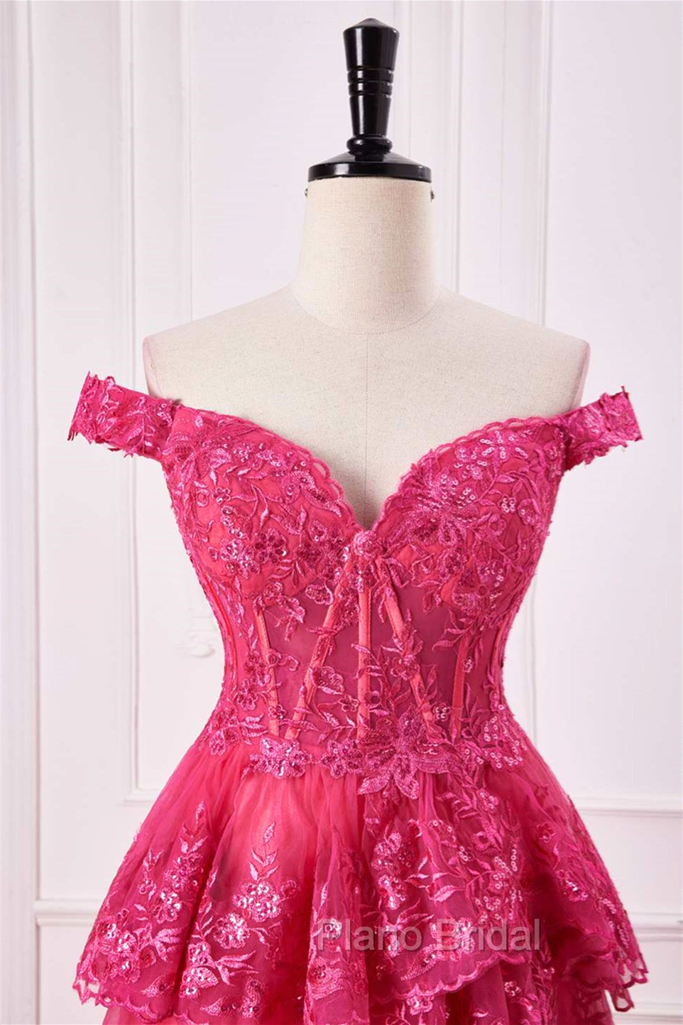 Off The Shoulder Hot Pink Sequin Tiered Formal Prom Dresses With Slit Secondary image
