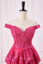 Off The Shoulder Hot Pink Sequin Tiered Formal Prom Dresses With Slit