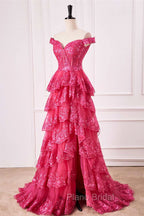 Off The Shoulder Hot Pink Sequin Tiered Formal Prom Dresses With Slit