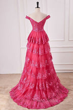 Off The Shoulder Hot Pink Sequin Tiered Formal Prom Dresses With Slit