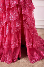 Off The Shoulder Hot Pink Sequin Tiered Formal Prom Dresses With Slit