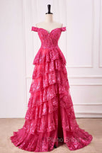 Off The Shoulder Hot Pink Sequin Tiered Formal Prom Dresses With Slit