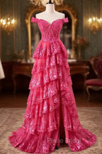Off The Shoulder Hot Pink Sequin Tiered Formal Prom Dresses With Slit