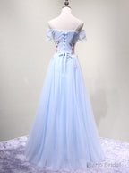 Off the Shoulder Light Blue Floral Long Prom Dresses, Off Shoulder Light Blue Formal Evening Dresses