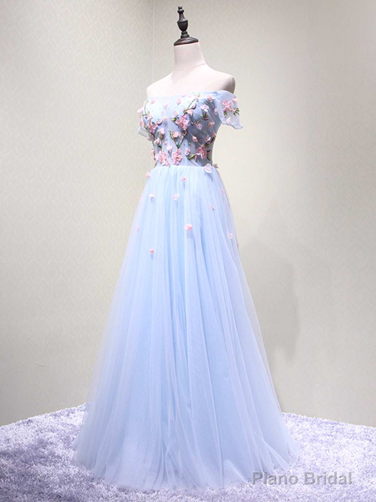 Off the Shoulder Light Blue Floral Long Prom Dresses, Off Shoulder Light Blue Formal Evening Dresses Main image
