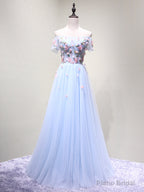 Off the Shoulder Light Blue Floral Long Prom Dresses, Off Shoulder Light Blue Formal Evening Dresses