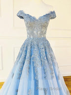 Off the Shoulder Light Blue Lace Formal Prom Dresses, Off the Shoulder Blue Lace Formal Evening Dresses