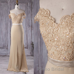 Off the Shoulder Mermaid Champagne Lace Long Formal Prom Dress, Off Shoulder Mermaid Champagne Formal Graduation Evening Dress, Mermaid Champagne Lace Bridesmaid Dress