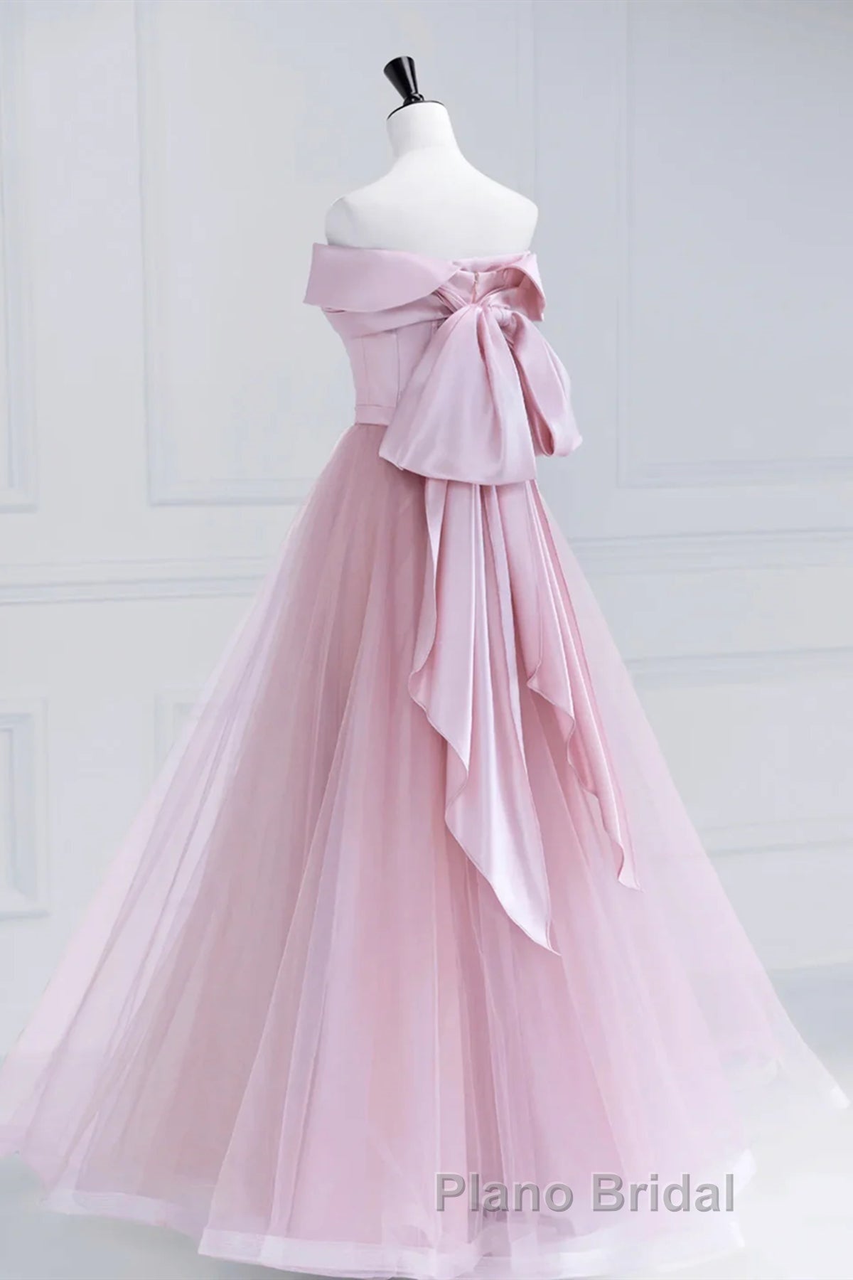 Off the Shoulder Pink Formal Prom Dresses, Pink Tulle Formal Evening Dresses Secondary image