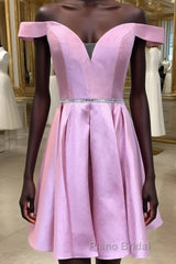 Off the Shoulder Pink Satin Short Formal Prom Homecoming Dress with Belt, Off Shoulder Pink Formal Graduation Evening Dress