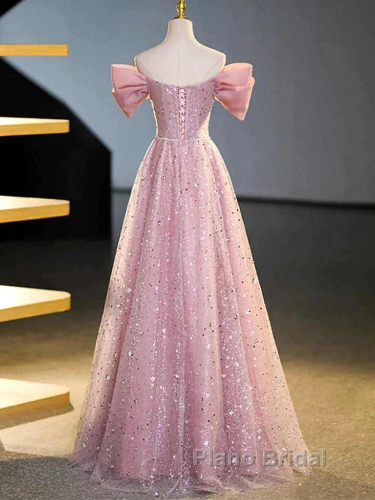 Off The Shoulder Pink Sequin Sparkle Formal Prom Dresses