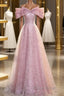Off The Shoulder Pink Sequin Sparkle Formal Prom Dresses