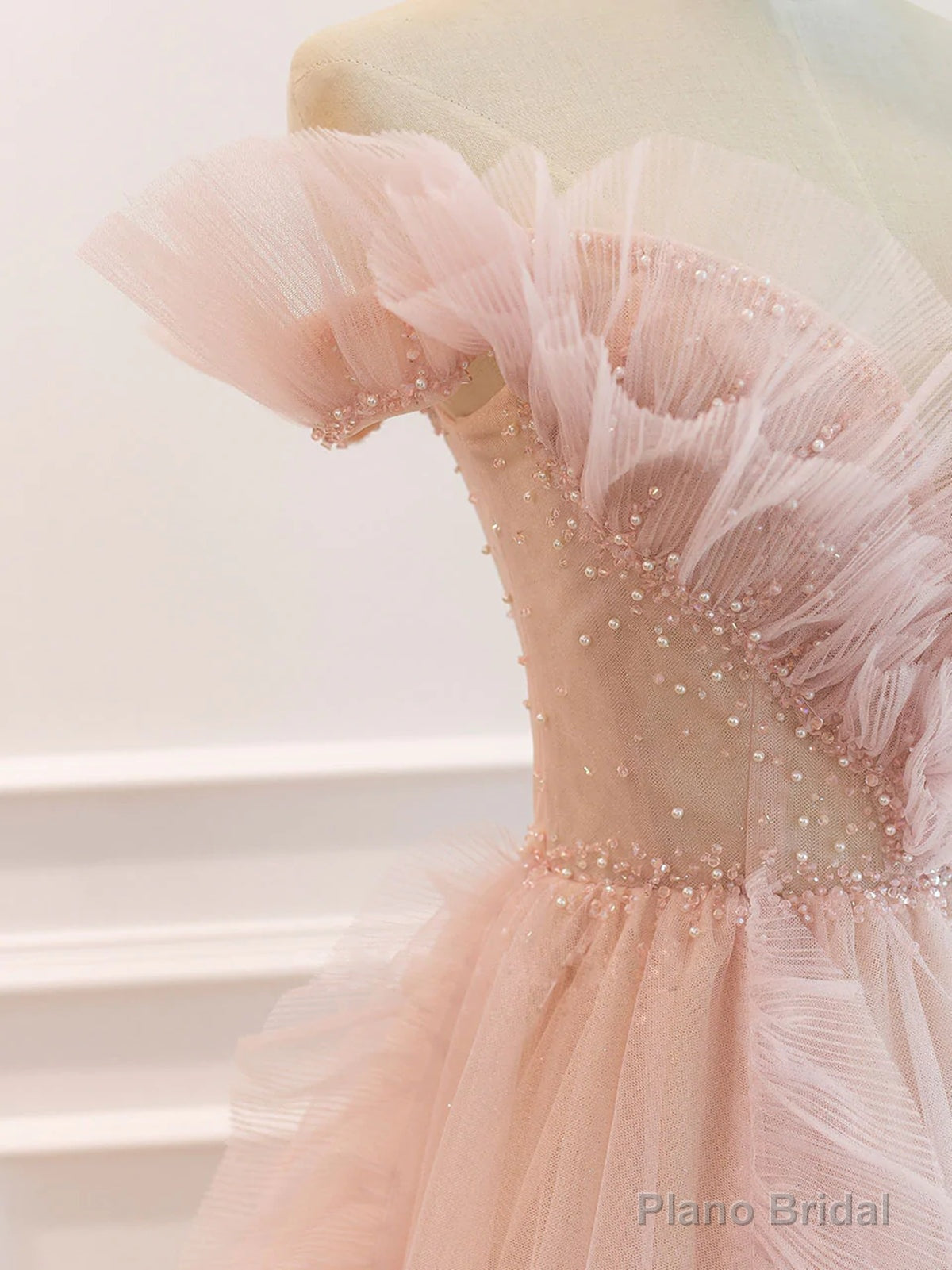 Off the Shoulder Pink Tulle Beaded Long Prom Dresses, Pink Tulle Long Formal Dress