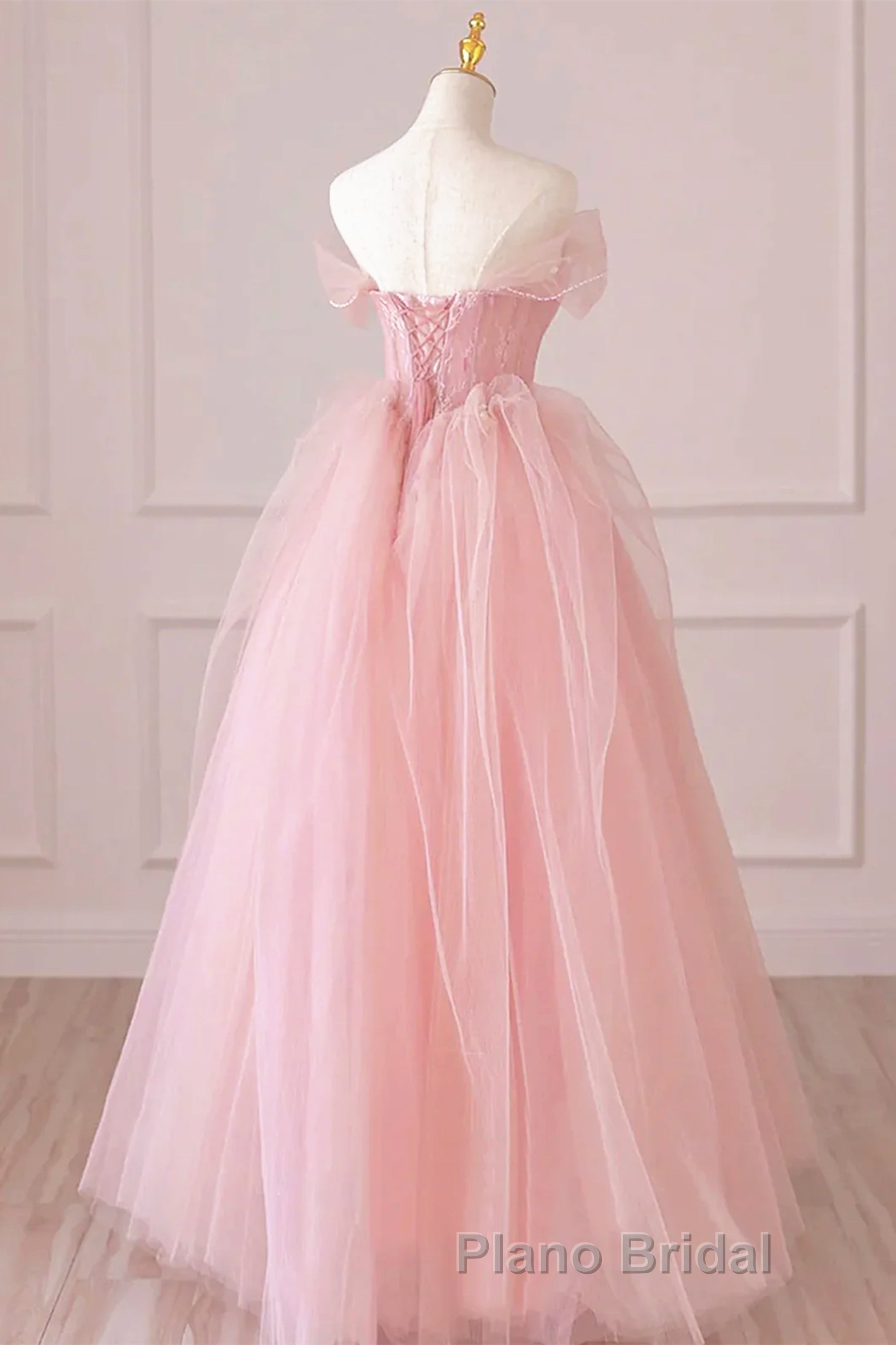 Off the Shoulder Pink Tulle Formal Prom Dresses, Pink Tulle Long Formal Graduation Dresses