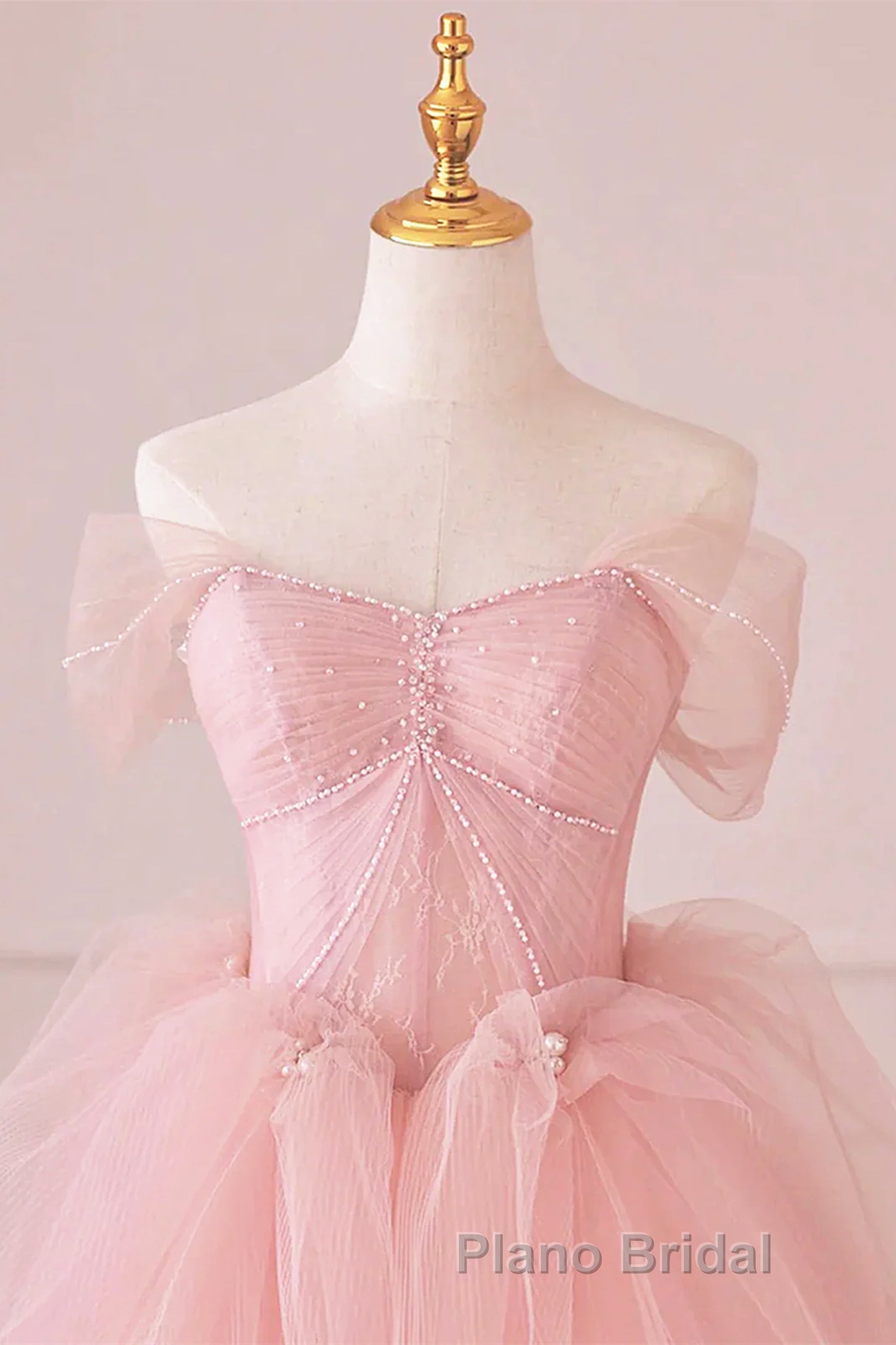 Off the Shoulder Pink Tulle Formal Prom Dresses, Pink Tulle Long Formal Graduation Dresses Secondary image