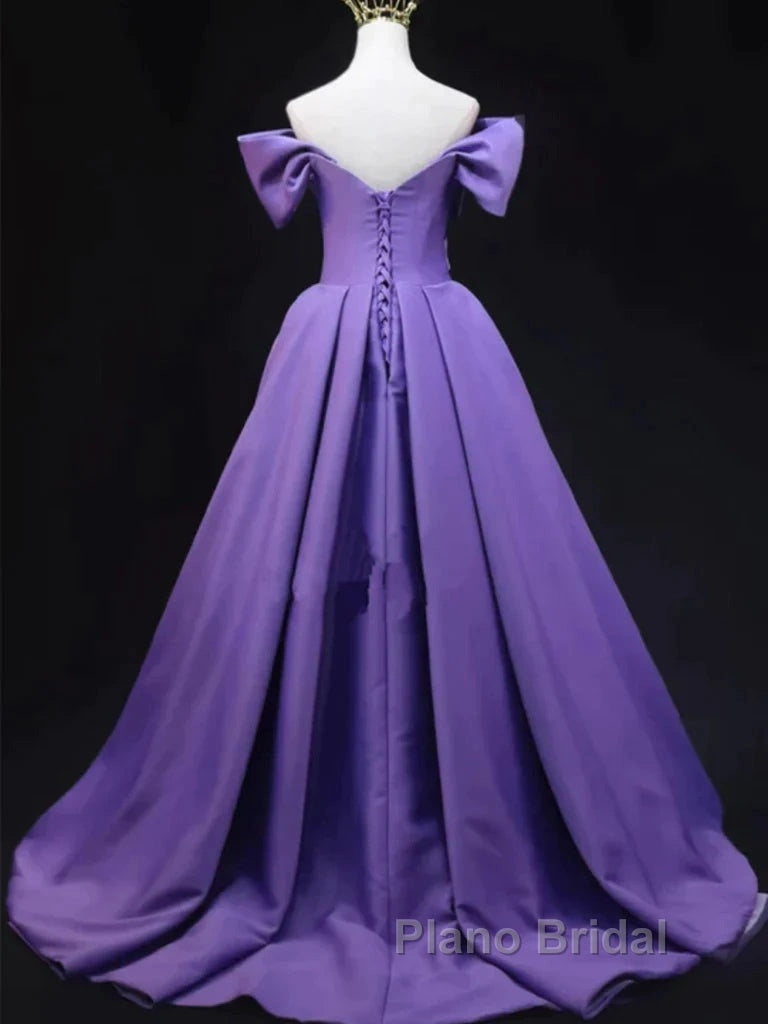 Off The Shoulder Purple Satin Ruched Formal Prom Dresses Secondary image