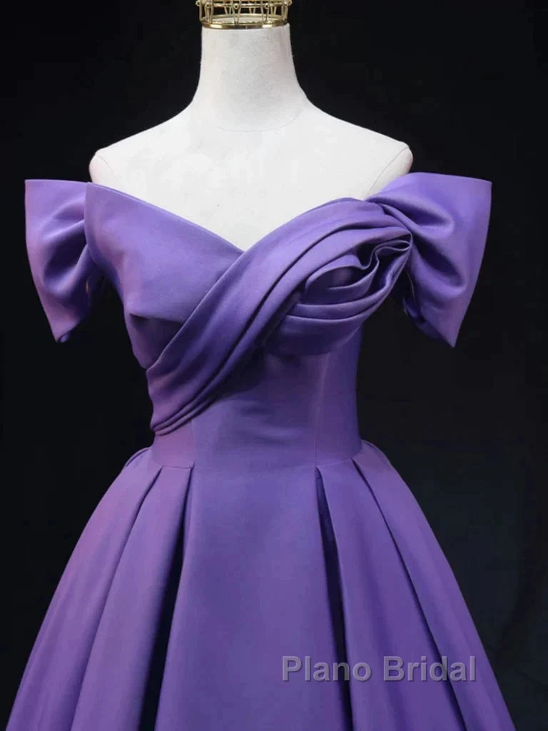 Off The Shoulder Purple Satin Ruched Formal Prom Dresses