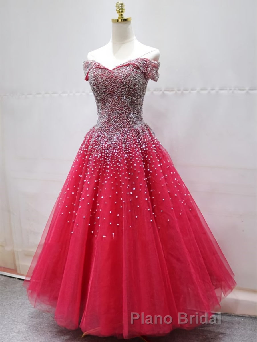 Off the Shoulder Red Long Formal Prom Gown, Off the Shoulder Red Beaded Formal Evening Dresses Secondary image