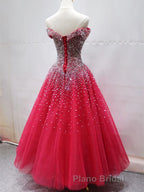 Off the Shoulder Red Long Formal Prom Gown, Off the Shoulder Red Beaded Formal Evening Dresses