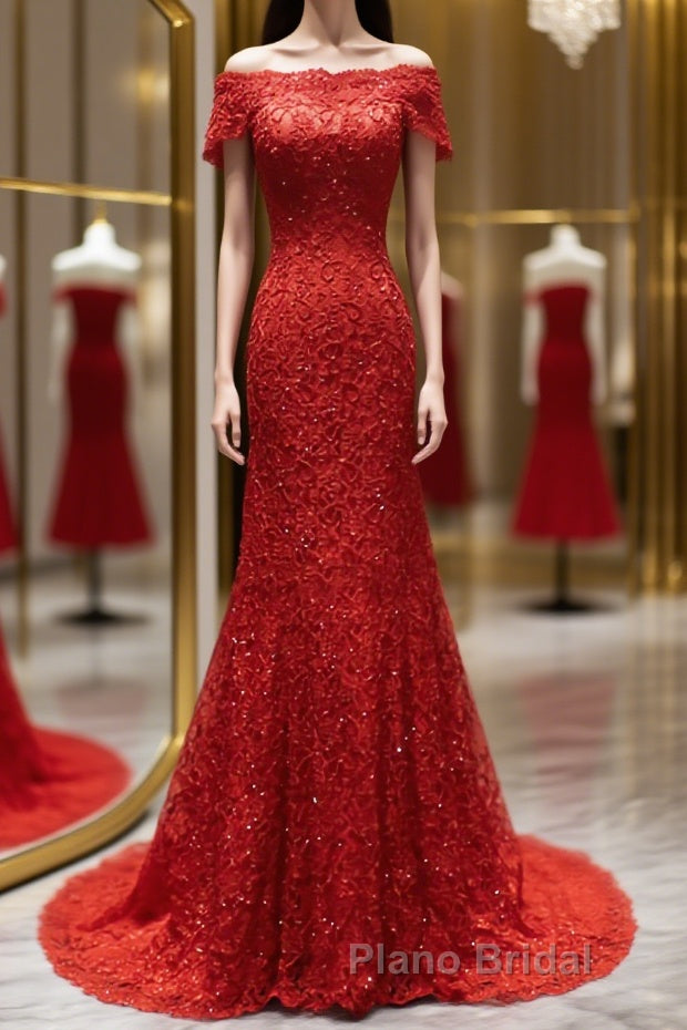 Off the Shoulder Red Mermaid Lace Formal Prom Dresses, Red Mermaid Lace Formal Bridesmaid Dresses Main image