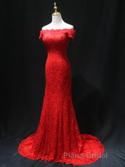 Off the Shoulder Red Mermaid Lace Formal Prom Dresses, Red Mermaid Lace Formal Bridesmaid Dresses